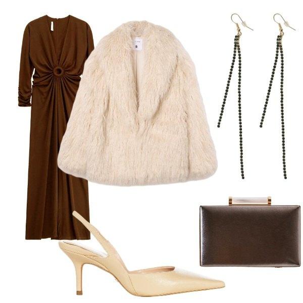 Outfit donna - Total look #2342451. Stile Chic per Cerimonia. Abbinamento con ecopellicce, décolleté, clutch, vestiti lunghi, orecchini.