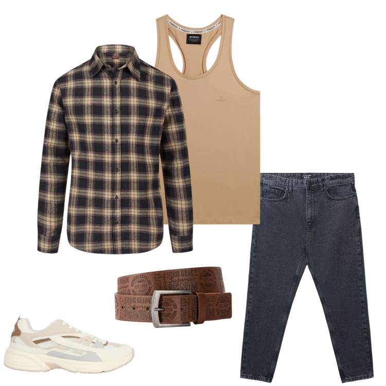 Outfit uomo - Earthy Check. Stile Urban per Tutti i giorni. Abbinamento con cinture, jeans strappati, sneakers, canottiere, camicie.