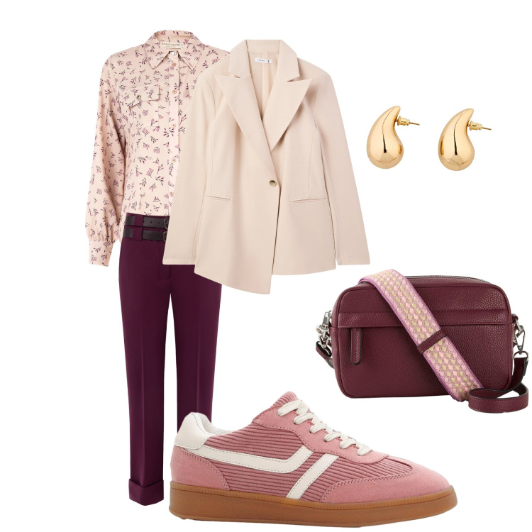 Outfit donna - Total look #2342455. Stile Basic per Ufficio. Abbinamento con sneakers, orecchini, borse a tracolla, blazer, camicie, pantaloni.