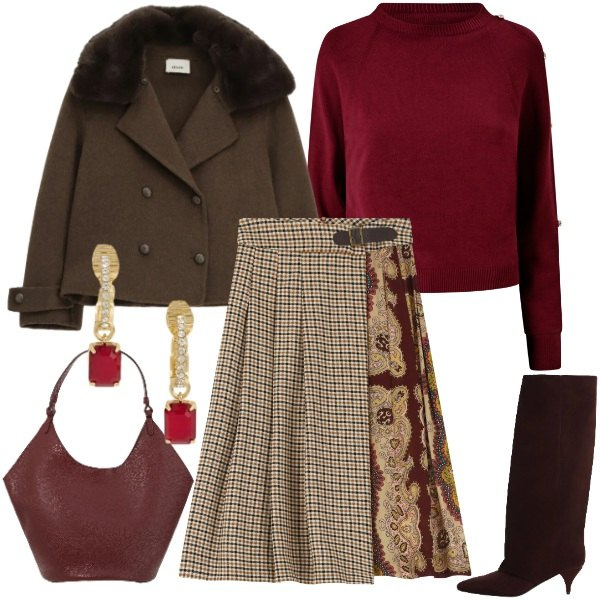 Outfit donna - Calore & Colore. Stile Vintage retrò per Tutti i giorni. Abbinamento con stivali, borse a spalla, blazer, gonne, maglieria, orecchini.