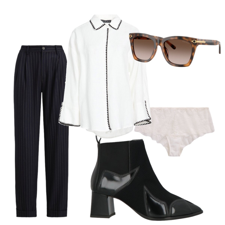 Outfit donna - Ufficio febbraio. Stile Mannish per Ufficio. Abbinamento con camicie, stivaletti chelsea, occhiali da sole, pantaloni, culotte.