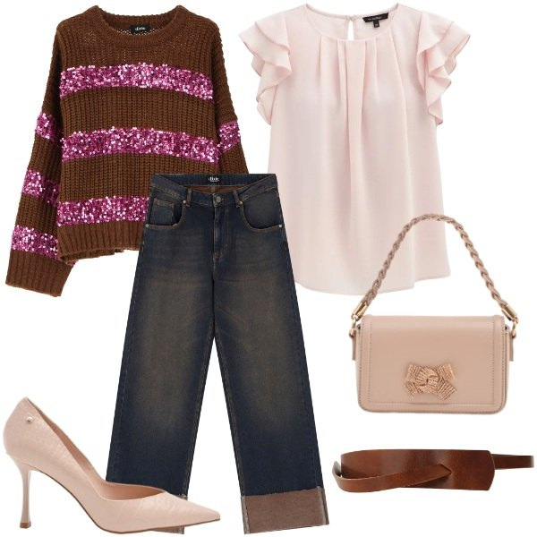 Outfit donna - Sweet Rose. Stile Urban per Tutti i giorni. Abbinamento con maglieria, jeans, cinture, pochette, décolleté, top.