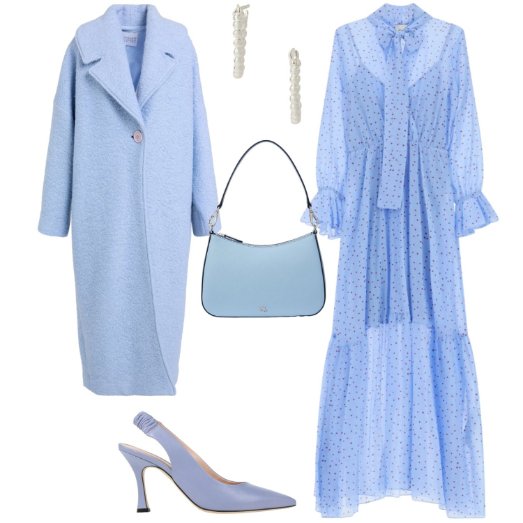 Outfit donna - Romantica cerimonia evento serata. Stile Romantica per Cerimonia. Abbinamento con cappotti, décolleté, vestiti lunghi, orecchini, borse a spalla.