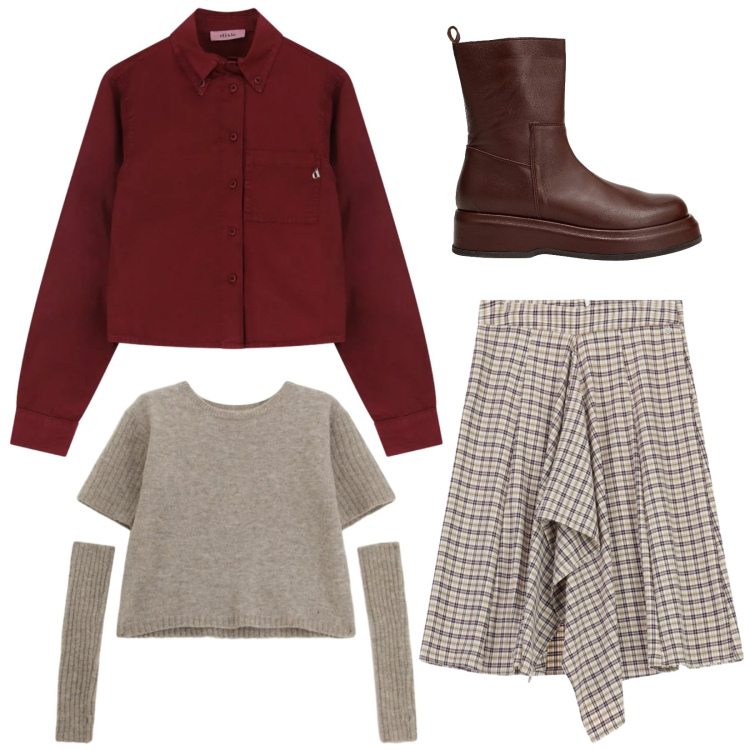 Outfit donna - Sobria e curata. Stile Trendy per Tutti i giorni. Abbinamento con stivaletti, maglieria, camicie, gonne longuette.