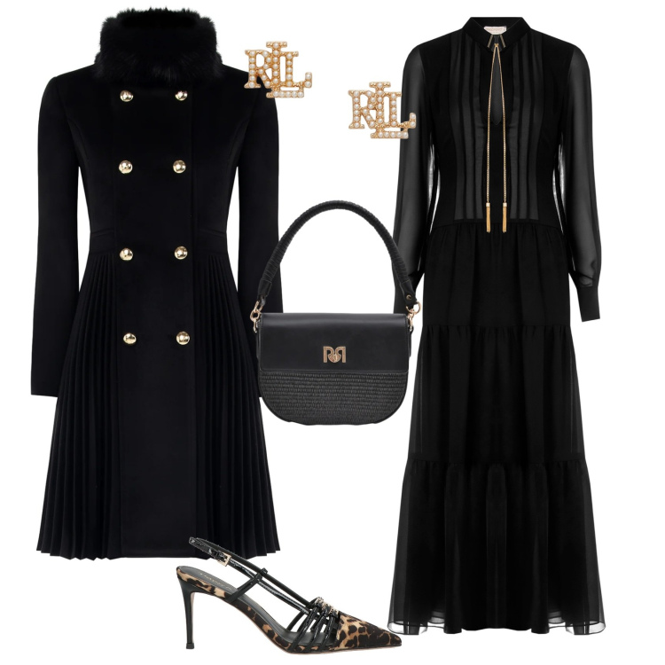 Outfit donna - Chic serata evento speciale. Stile Chic per Serata fuori. Abbinamento con décolleté, borse a spalla, vestiti lunghi, cappotti, orecchini.