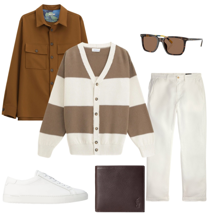 Outfit uomo - Il Look Casual-Chic. Stile Urban per Tutti i giorni. Abbinamento con cardigans, camicie, pantaloni, sneakers, portafogli, occhiali da sole.