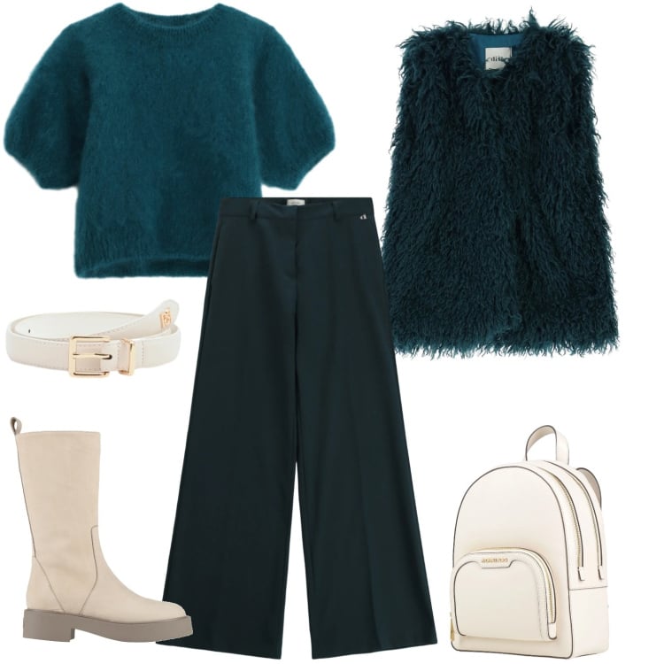 Outfit donna - Casual. Stile Casual per Tutti i giorni. Abbinamento con zaini, stivali, cinture, t-shirt, gilet, pantaloni a palazzo.