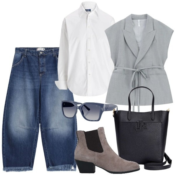 Outfit donna - Total look #2342486. Stile Casual chic per Tutti i giorni. Abbinamento con stivaletti chelsea, gilet, jeans, camicie, occhiali da sole, borse tote.