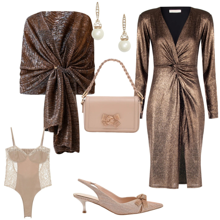 Outfit donna - Glamour evento serata cerimonia. Stile Glamour per Serata fuori. Abbinamento con body, stole, décolleté, pochette, vestiti a tubino, orecchini.