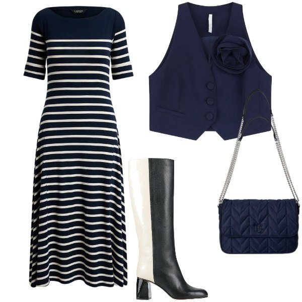 Outfit donna - Tutti in riga. Stile Casual chic per Tutti i giorni. Abbinamento con stivali, gilet, borse a tracolla, vestiti.