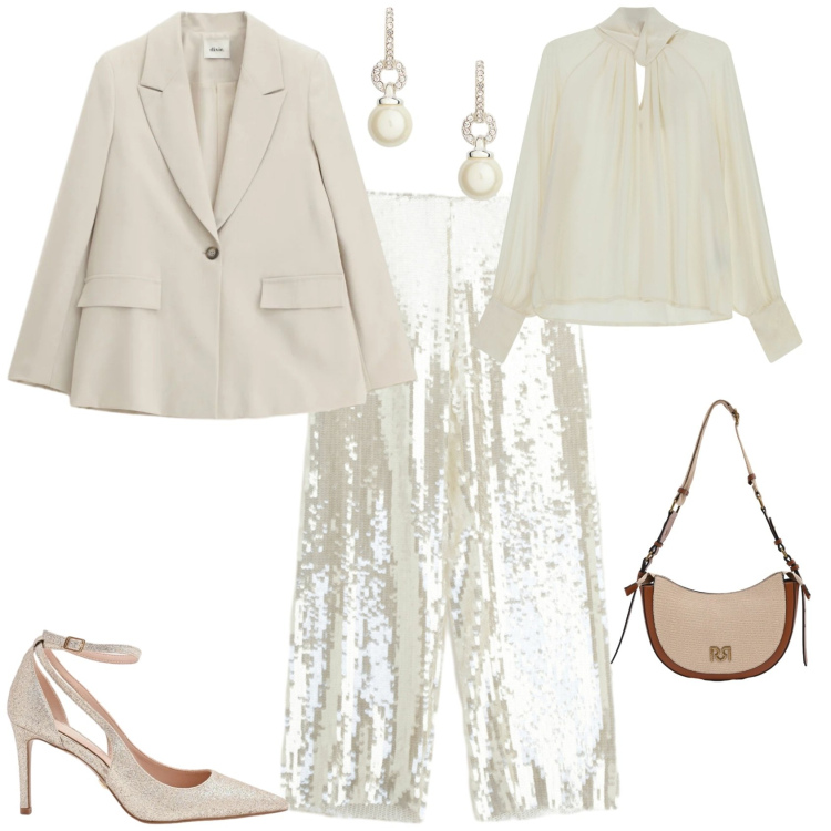 Outfit donna - Chic cerimonia evento serata speciale. Stile Chic per Cerimonia. Abbinamento con blazer, pantaloni a palazzo, camicie, borse a tracolla, décolleté, orecchini.