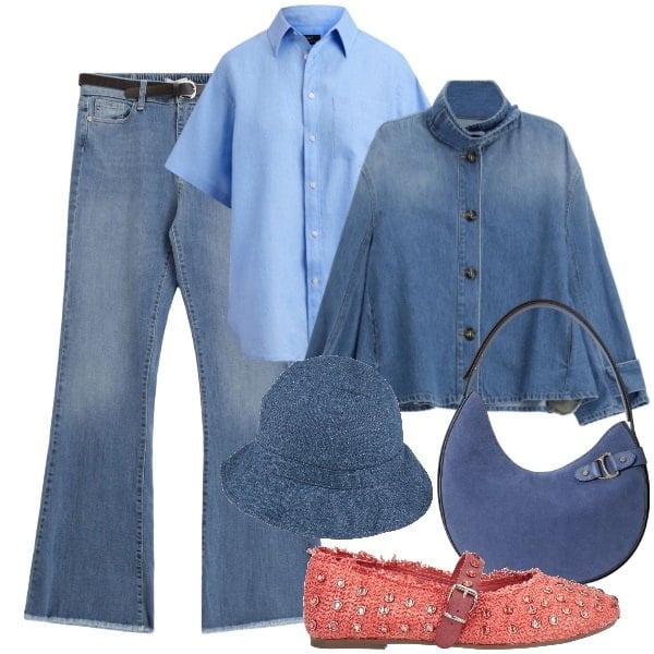 Outfit donna - Denim party. Stile Urban per Tutti i giorni. Abbinamento con ballerine, cappelli, blazer, jeans, borse a spalla, camicie a manica corta.