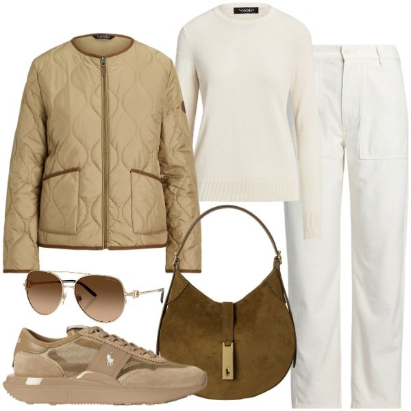 Outfit donna - Classica in primavera. Stile Chic per Tutti i giorni. Abbinamento con maglieria, occhiali da sole, pantaloni, borse a spalla, giacche, sneakers.