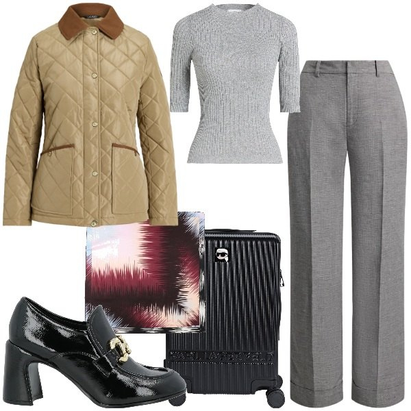 Outfit donna - Trasferta di lavoro. Stile Chic per Ufficio. Abbinamento con pullovers, valigie, mocassini, sciarpe, giacche, pantaloni.