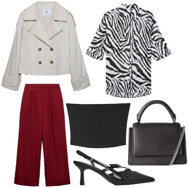 Outfit donna - Total look #2342499. Stile Casual chic per Ufficio. Abbinamento con pantaloni, top, camicie, borse a tracolla, caban, décolleté.