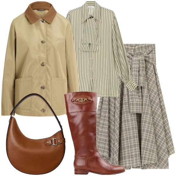 Outfit donna - Stile inglese contemporaneo. Stile Chic per Tutti i giorni. Abbinamento con stivali, camicie, gonne longuette, borse a spalla, giacche.