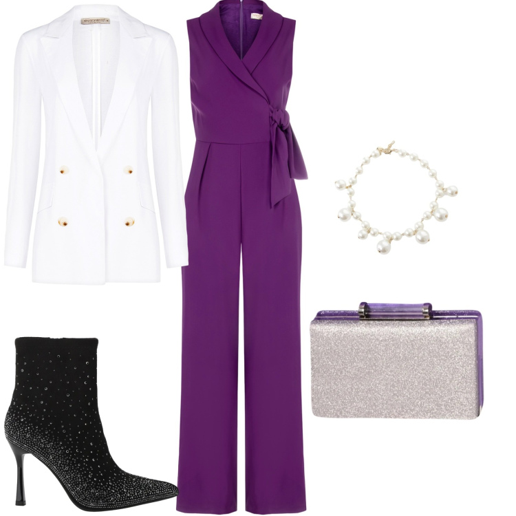 Outfit donna - Total look #2342506. Stile Chic per Cerimonia. Abbinamento con stivaletti, collane, tute, pochette, blazer.