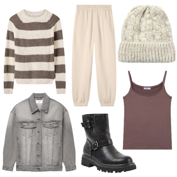 Outfit donna - Total look #2342507. Stile Casual per Tutti i giorni. Abbinamento con pantaloni, maglieria, stivaletti, magliette intime, berretti, cappotti.