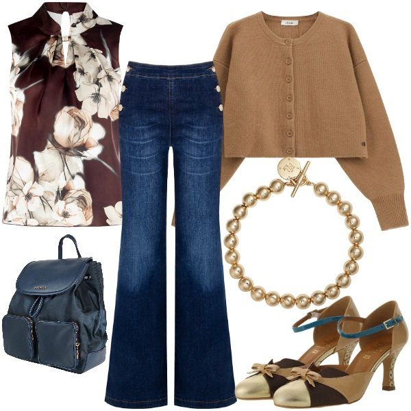 Outfit donna - Delicata & Raffinata. Stile Romantica per Ufficio. Abbinamento con zaini, cardigans, décolleté, top, jeans, braccialetti.