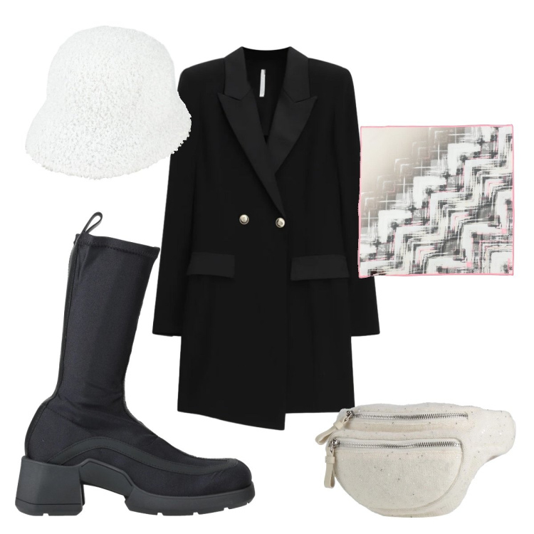 Outfit donna - Black and white. Stile Urban per Ufficio. Abbinamento con cappelli, sciarpe, stivali, marsupi, vestiti corti.