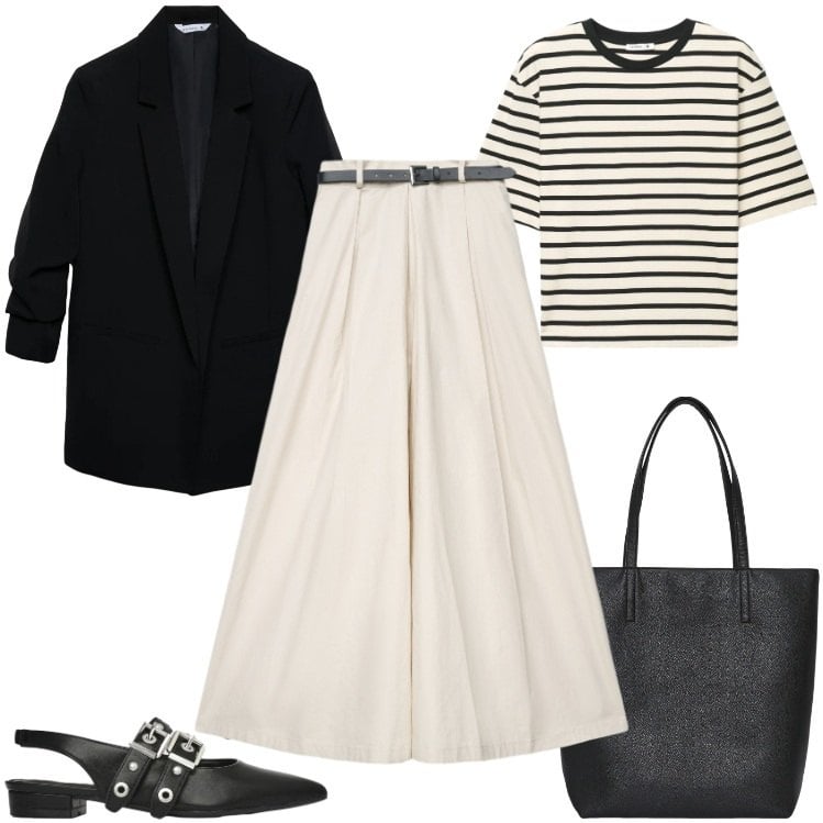 Outfit donna - Primavera in Ufficio. Stile Basic per Ufficio. Abbinamento con pantaloni, blazer, ballerine, t-shirt, borse tote.