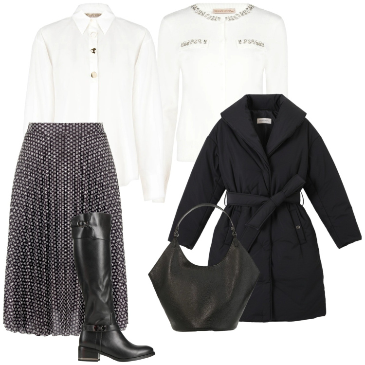 Outfit donna - Freddo bianco e nero. per Tutti i giorni. Abbinamento con stivali, borse a spalla, cardigans, camicie, piumini, gonne longuette.