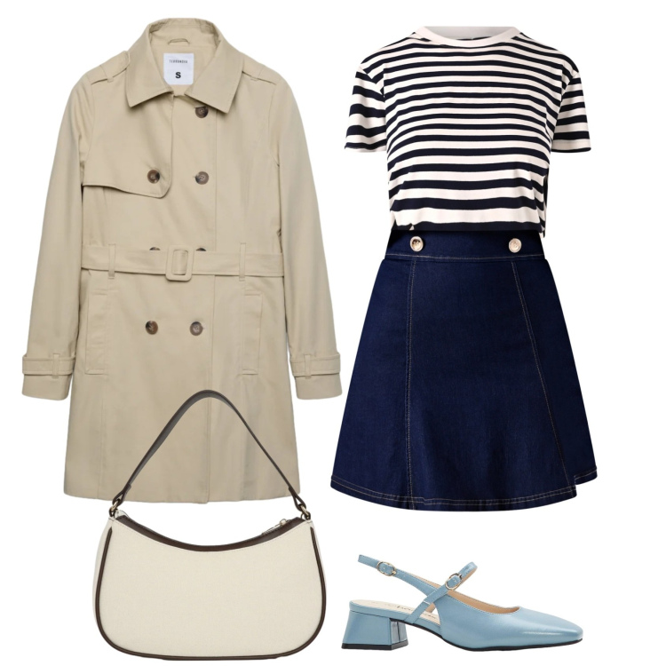 Outfit donna - Ventata di freschezza con lo stile marin. Stile Bon Ton per Tutti i giorni. Abbinamento con décolleté, trench, borse a tracolla, minigonne, t-shirt.
