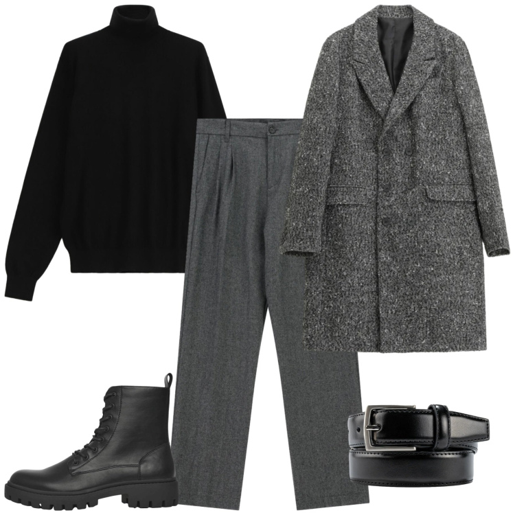 Outfit uomo - Tessuti che scaldano. Stile Business/Elegante per Ufficio. Abbinamento con anfibi, cappotti, maglieria, pantaloni, cinture.