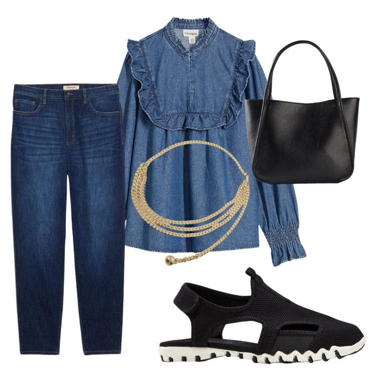 Outfit donna - Denim Bonprix. Stile Minimal per Tutti i giorni. Abbinamento con sandali, camicie, jeans mom, shopping bag, collane.