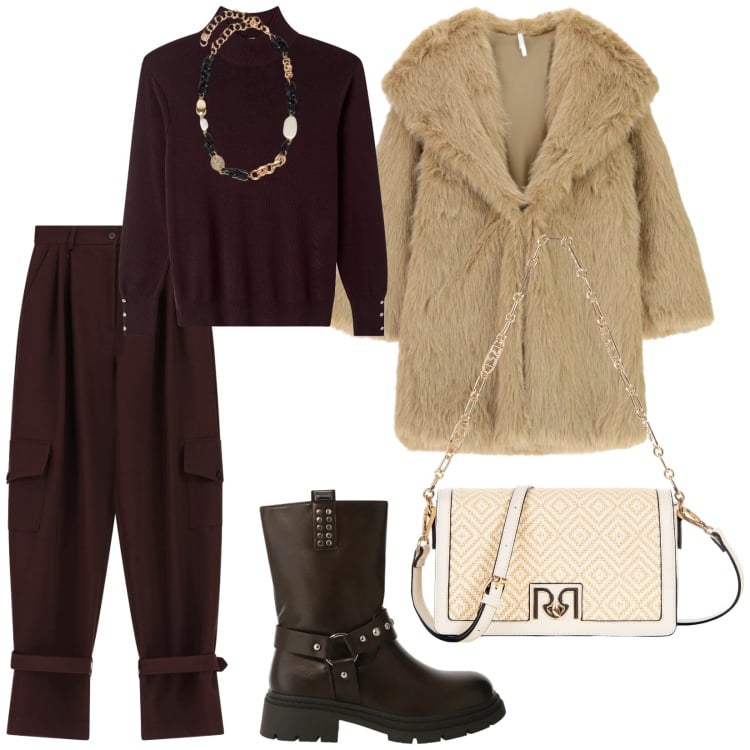 Outfit donna - Saldi. per Tutti i giorni. Abbinamento con collane, pullovers, borse a tracolla, ecopellicce, pantaloni, stivali.