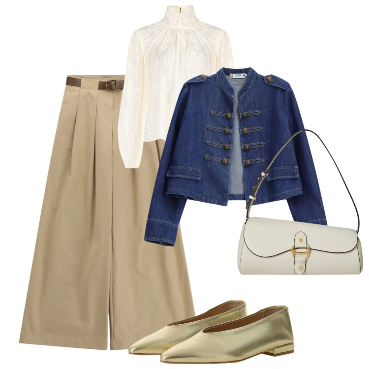 Outfit donna - Giacca uniform tendenza di primavera. Stile Glamour per Tutti i giorni. Abbinamento con pantaloni a palazzo, ballerine, blazer, bluse, borse a spalla.