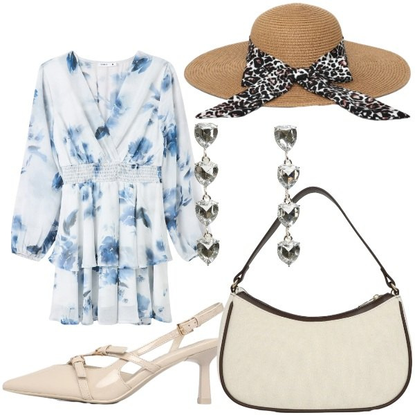 Outfit donna - spring Terranova. Stile Romantica per Tutti i giorni. Abbinamento con vestiti corti, décolleté, cappelli, borse a tracolla, orecchini.