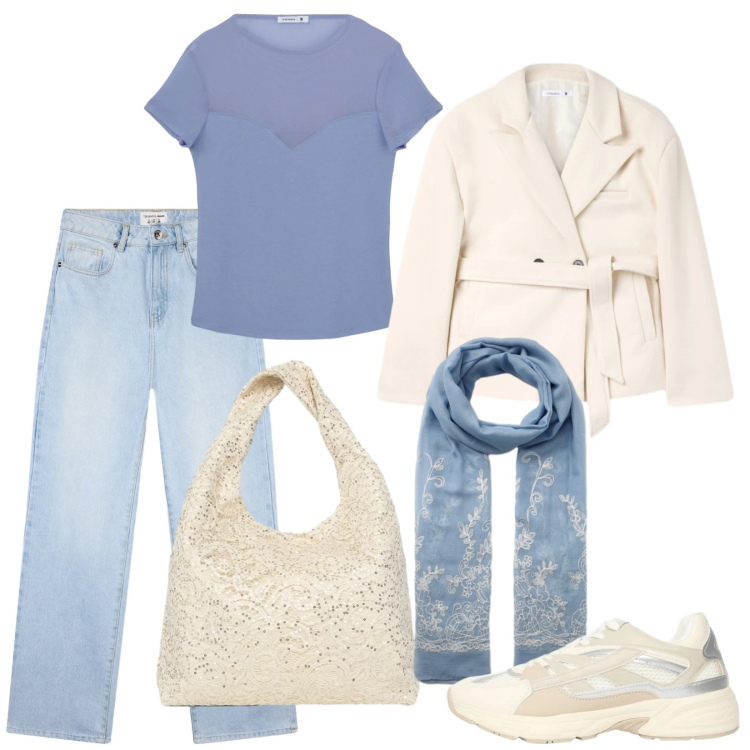 Outfit donna - Jeans chiaro di primavera. Stile Casual per Tutti i giorni. Abbinamento con t-shirt, blazer, sciarpe, borse a spalla, sneakers, jeans dritti.