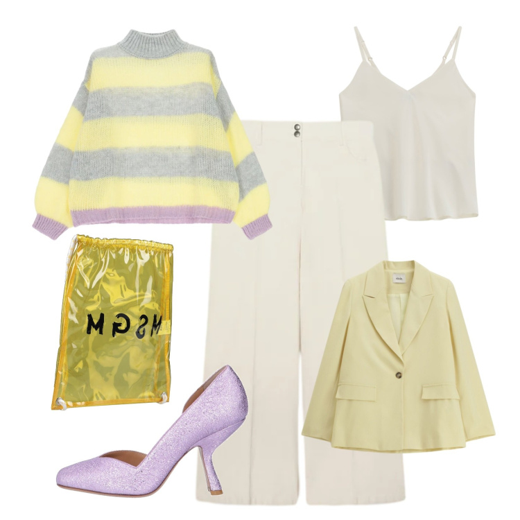 Outfit donna - Voglia di primavera. Stile Casual chic per Tutti i giorni. Abbinamento con zaini, décolleté, pantaloni chino, blazer, top, maglieria.