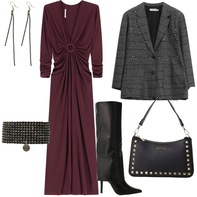 Outfit donna - Cut-out Confidence. Stile Chic per Serata fuori. Abbinamento con vestiti lunghi, stivali, pochette, braccialetti, orecchini, blazer.
