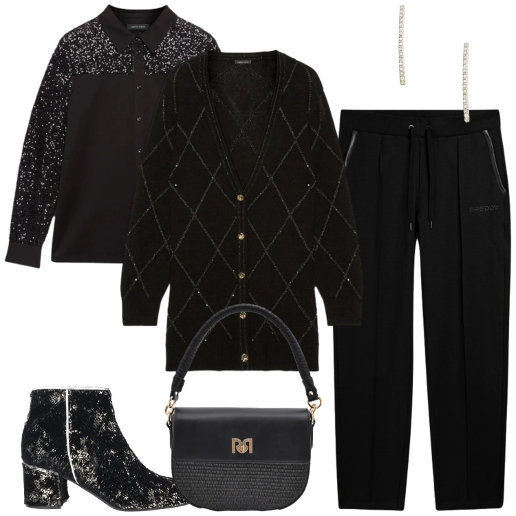 Outfit donna - Un tocco di luce d\'inverno - curvy. Stile Casual chic per Serata fuori. Abbinamento con stivaletti, cardigans, camicie, pantaloni, borse a spalla, orecchini.