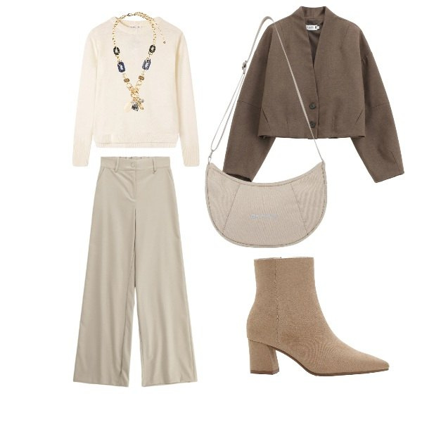 Outfit donna - comfort in ecru. Stile Casual chic per Tutti i giorni. Abbinamento con stivaletti, maglieria, collane, pantaloni a palazzo, borse a spalla, blazer.