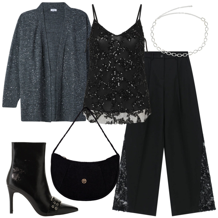 Outfit donna - Un tocco di luce d\'inverno - curvy. Stile Casual chic per Serata fuori. Abbinamento con cardigans, pantaloni a palazzo, stivaletti, collane, borse a mano, canottiere.