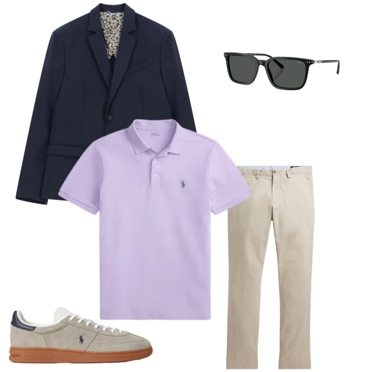 Outfit uomo - Spring Preppy. Stile Urban per Tutti i giorni. Abbinamento con giacche, pantaloni, occhiali da sole, sneakers, polo.