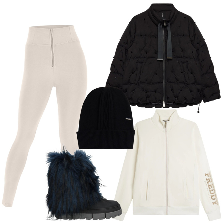 Outfit donna - Trendy sci. Stile Trendy per Sport. Abbinamento con stivaletti, piumini, felpe, pantaloni skinny, berretti.