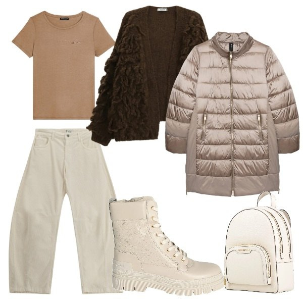 Outfit donna - colori chiari. Stile Casual per Tutti i giorni. Abbinamento con zaini, stivaletti, piumini, pantaloni a palazzo, t-shirt, cardigans.
