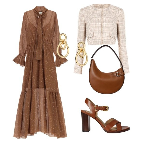 Outfit donna - eleganza in marrone. Stile Chic per Cerimonia. Abbinamento con vestiti lunghi, blazer, sandali in pelle, borse a spalla, orecchini.