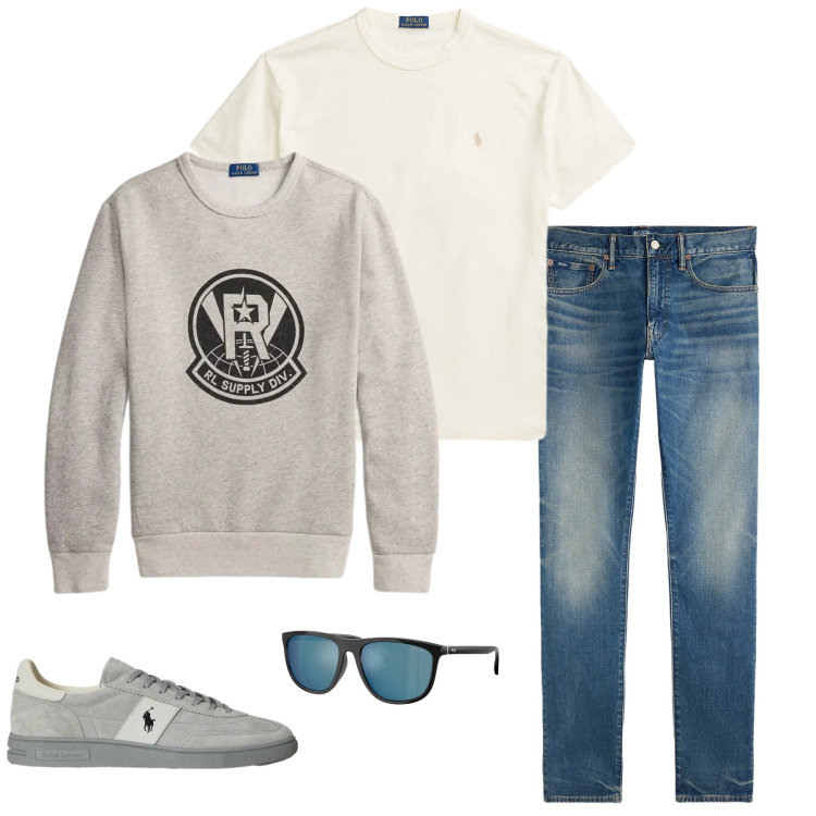 Outfit uomo - Il Minimalismo del Grigio e del Denim. Stile Urban per Tutti i giorni. Abbinamento con t-shirt, jeans, sneakers, occhiali da sole, felpe.