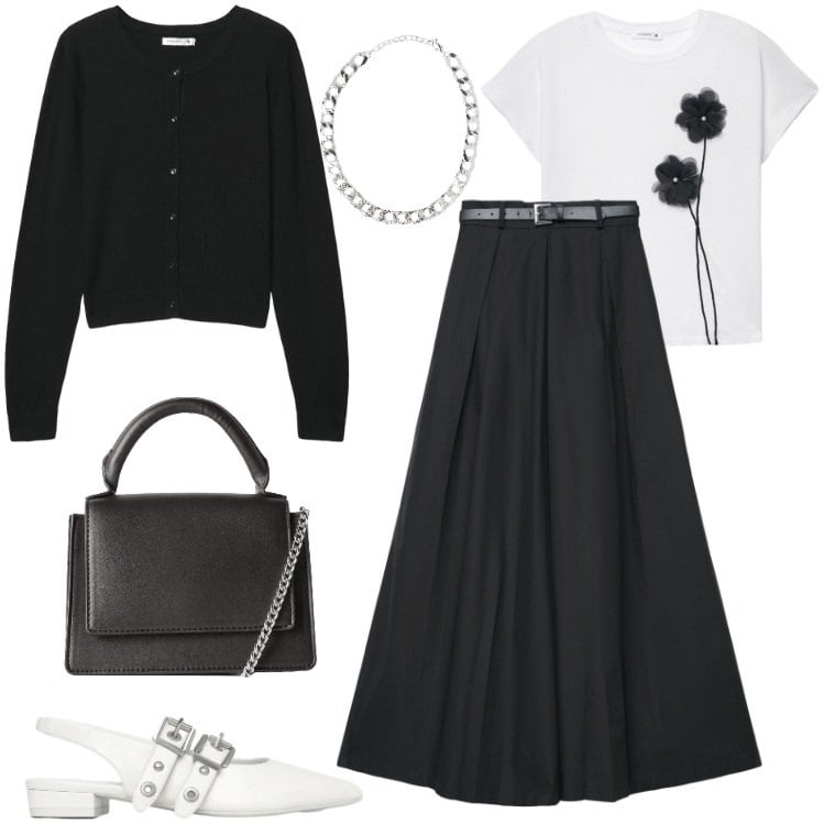 Outfit donna - Black & White. Stile Basic per Ufficio. Abbinamento con pantaloni, t-shirt, cardigans, ballerine, borse a tracolla, collane.