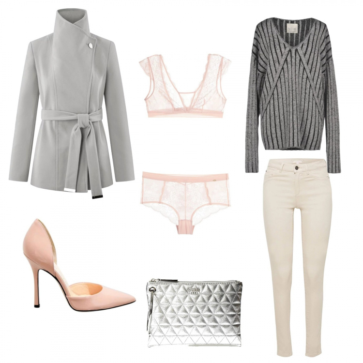 Outfit donna - Bon ton sanvalentino. Stile Bon Ton per Serata fuori. Abbinamento con pullover a righe lavorato a maglia a maniche lunghe taglia media, lingerie, cappotto forma asimmetrica con cintura grigio, pantalone beige, pochette effetto metallizzato con zip interno foderato in ecopelle con tasca interna, décolleté effetto vernice.