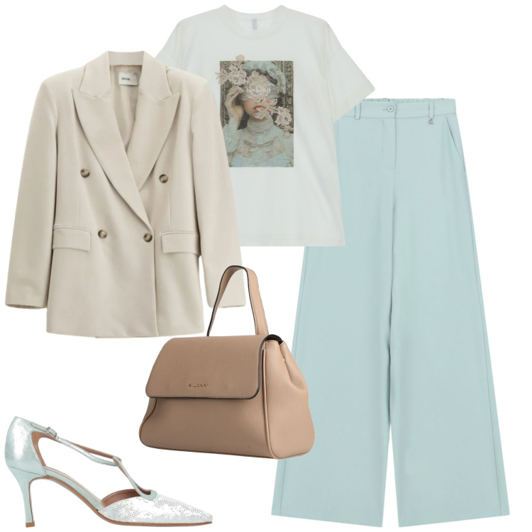 Outfit donna - Anice. Stile Urban per Tutti i giorni. Abbinamento con décolleté, zaini, t-shirt, pantaloni a palazzo, blazer.