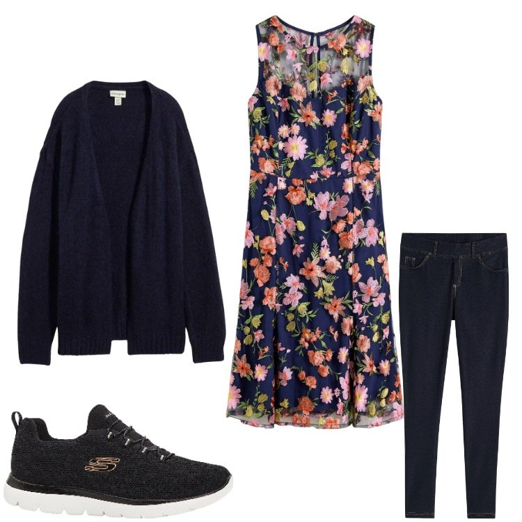 Outfit donna - Floreale. Stile Romantica per Tutti i giorni. Abbinamento con vestiti midi/longuette, sneakers, cardigans, jeggings.