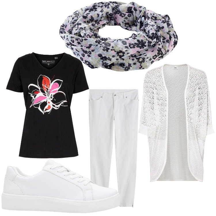 Outfit donna - Voglia di bianco. Stile Casual per Tutti i giorni. Abbinamento con cardigans, t-shirt, jeans skinny, sneakers, foulard.