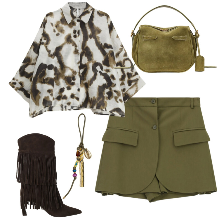 Outfit donna - Street. Stile Trendy per Tutti i giorni. Abbinamento con camicie, shorts, stivali, borse a mano, braccialetti.