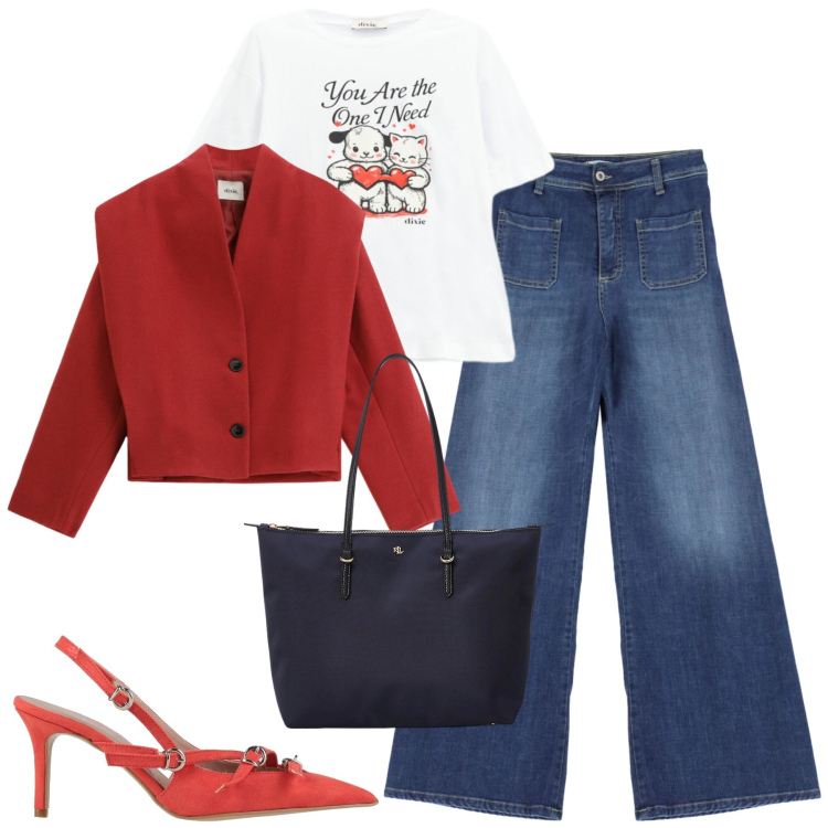 Outfit donna - Rosso e blu. Stile Casual chic per Tutti i giorni. Abbinamento con décolleté, blazer, t-shirt, jeans, borse tote.